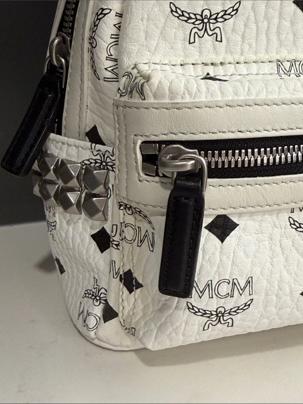 MCM White Mini Visetos Logo Backpack with Black and Silver Accents with COA